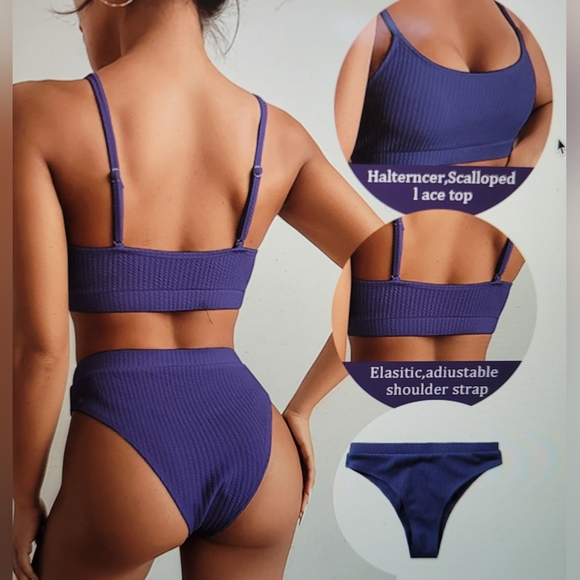 NWT RIBBED CROP TOP HIGH WAISTED BRAZILIAN CUT SWIM BATHING SUIT SIZE LARGE - Picture 13 of 14